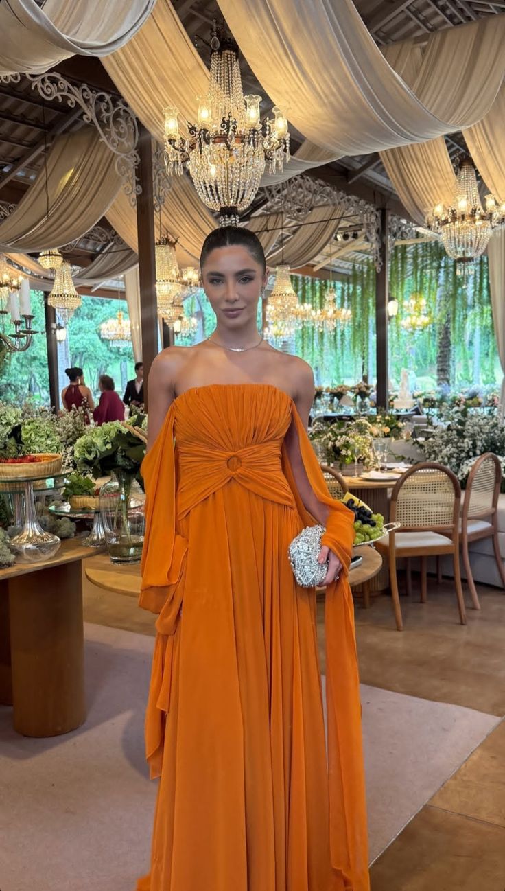 Elegant Orange A-line Strapless Crumple Chiffon Long Prom Dress Evening Dress - VelvetHem
