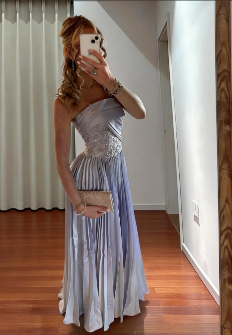 Elegant Misty Blue Strapless A-Line Embroidered Pleated Satin Long Prom Dress Evening Dress - VelvetHem