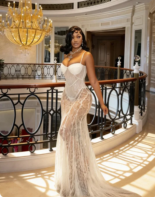 Sexy White Spaghetti Strap Mermaid Lace Tulle Train Prom Dress Evening Dress