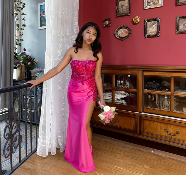 Sweet Bright Pink Strapless Mermaid Lace Split Satin Prom Dress Evening Dress - VelvetHem