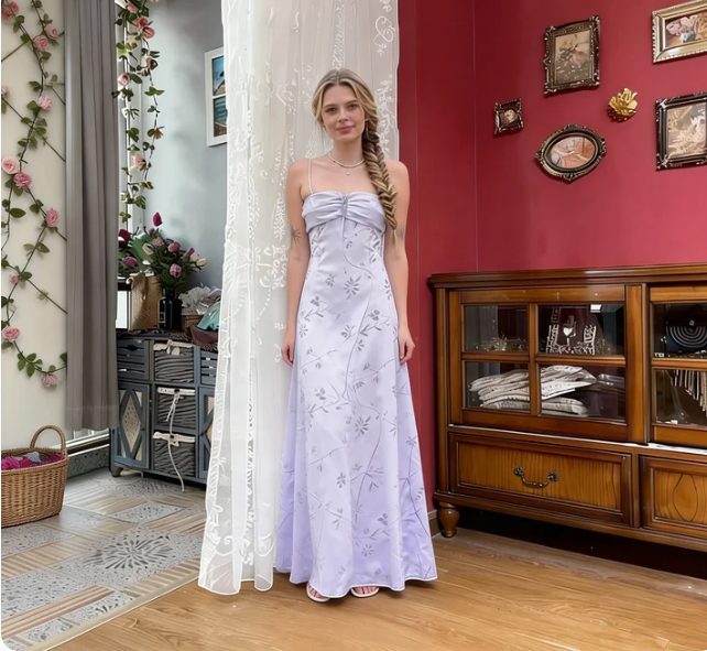 Elegant Lavender A-Line Spaghetti Strap Floral Satin Long Prom Dress Evening Dress - VelvetHem