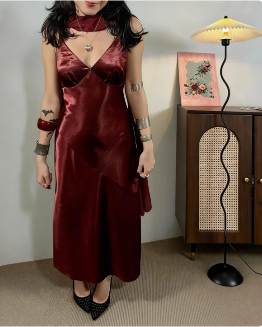 Vintage Burgundy Spaghetti Strap V-Neck Satin Long Prom Dress Evening Dress - VelvetHem