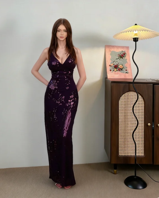 Vintage Deep Purple Spaghetti Strap V-Neck Mermaid High Slit Sequin Long Prom Dress Evening Dress - VelvetHem