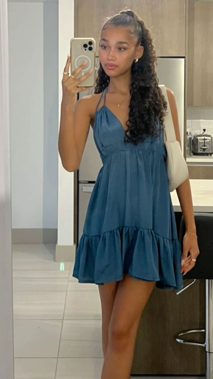 Simple Blue Deep V Strap A-Line Satin Birthday Party Homecoming Dress - VelvetHem