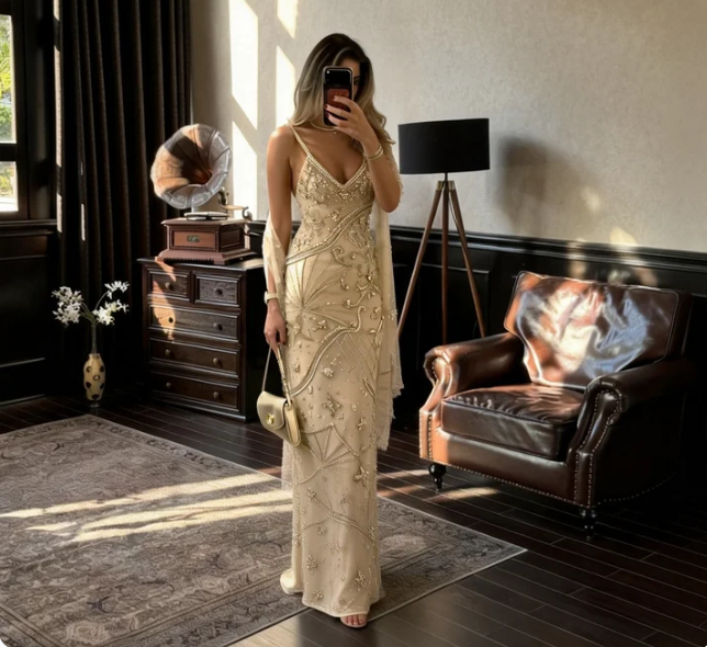 Gorgeous Champagne Gold Spaghetti Strap V-Neck Mermaid Beaded Tulle Long Prom Dress Evening Dress - VelvetHem