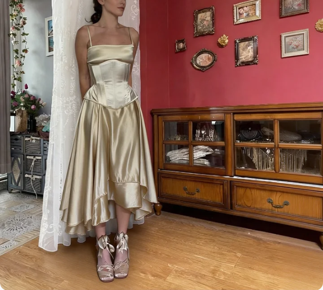 Elegant Champagne Gold Spaghetti Strap Square Neck Boned Waist Irregular Hem Satin Prom Dress Evening Dress - VelvetHem