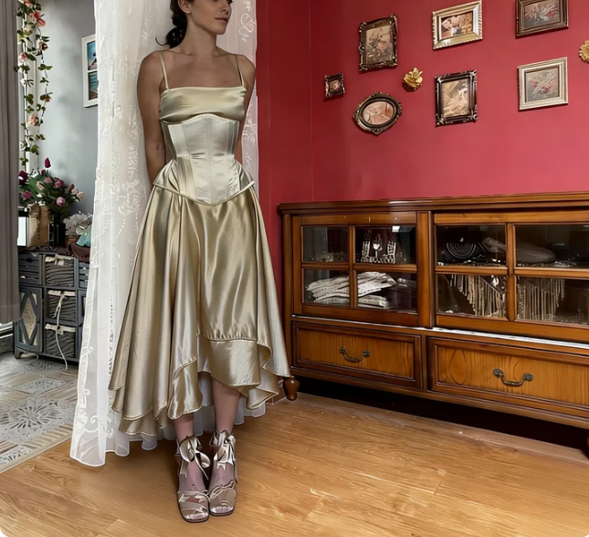 Elegant Champagne Gold Spaghetti Strap Square Neck Boned Waist Irregular Hem Satin Prom Dress Evening Dress