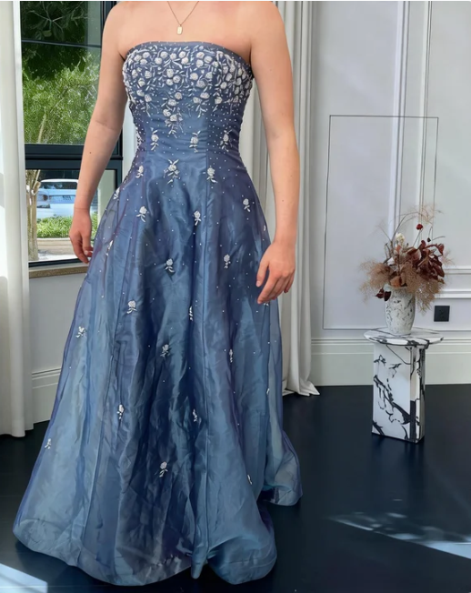 Elegant Dusty Blue Strapless A-Line Embroidered Organza Long Prom Dress Evening Dress - VelvetHem