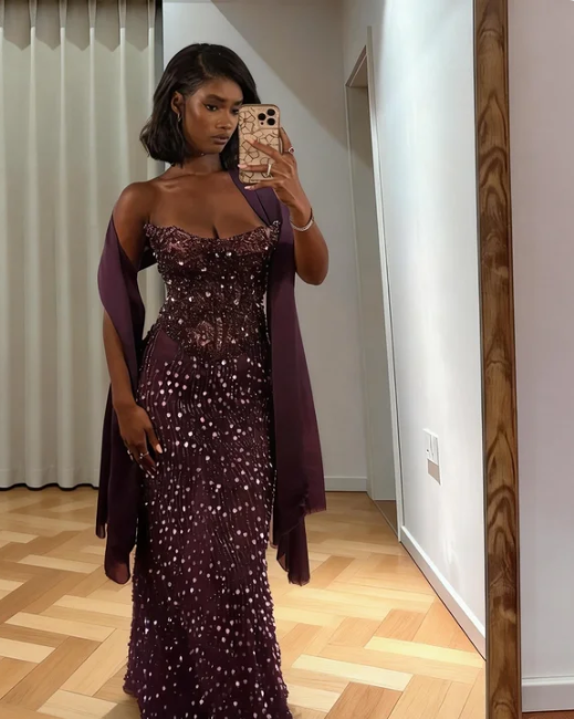 Luxurious Deep Purple Strapless Mermaid Sequin Tulle Long Prom Dress Evening Dress - VelvetHem