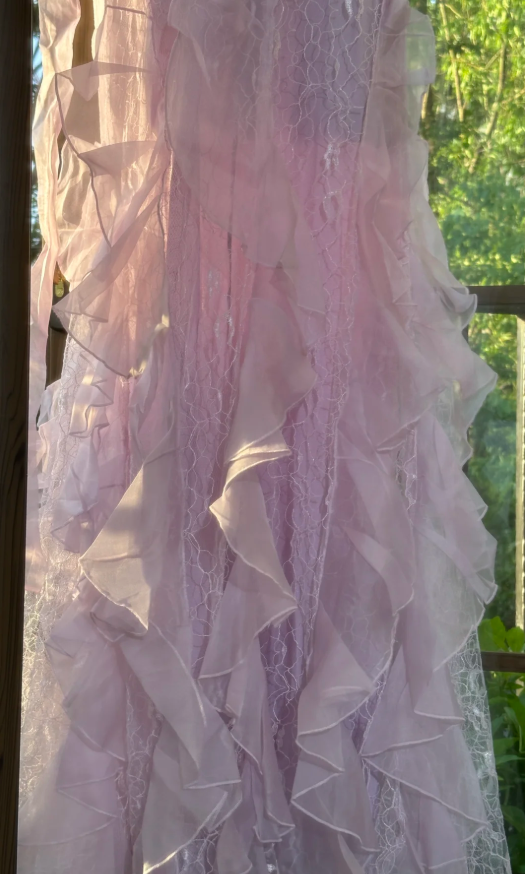 Classy Pink Spaghetti Straps V Neck Lace Chiffon Ruffle Mermaid Evening Dress Long Party Dress with Ribbon - View 8 | VelvetHem