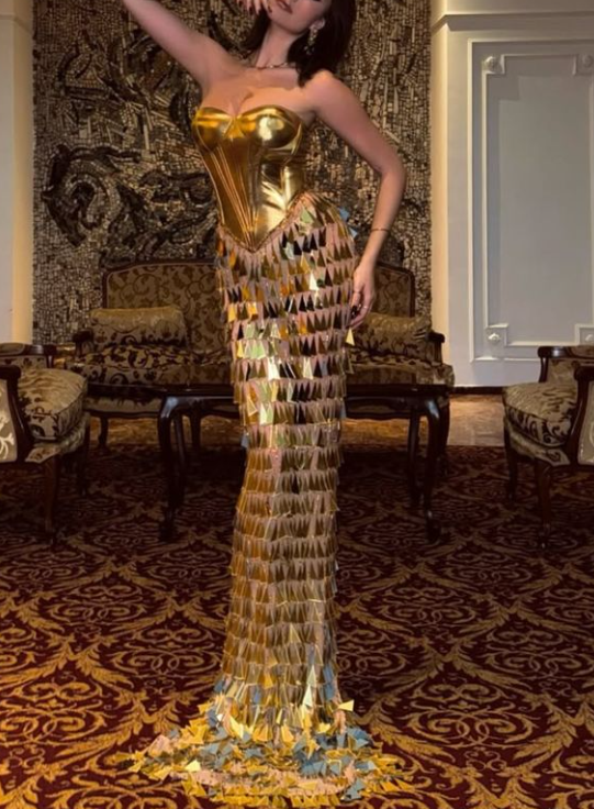 Luxurious Gold Satin Sequins Evening Dress,Strapless Mermaid Prom Dress - VelvetHem