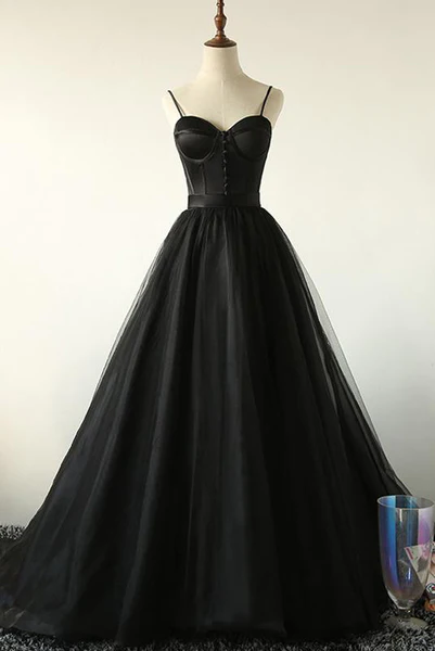 Ball Gown Spaghetti Straps Black Tulle Prom Dress Long Brush/Sweep Train Prom Dress - VelvetHem