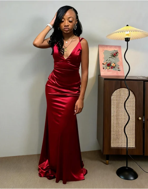 Simple Burgundy Spaghetti Strap V-Neck Mermaid Satin Long Prom Dress Evening Dress - VelvetHem