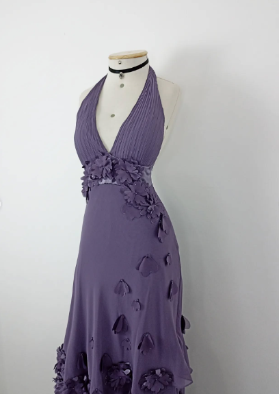 Pretty Purple Halter V-Neck 3D Floral Layered Irregular Chiffon Long Prom Dress Evening Dress - View 2 | VelvetHem