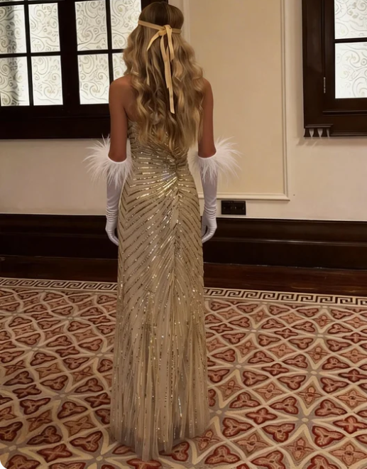 Gorgeous Champagne Gold V-Neck Mermaid Sequin Striped Tulle Long Prom Dress Evening Dress