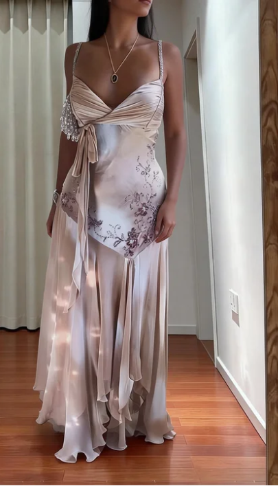 Elegant Pink V-Neck Spaghetti Strap Mermaid Satin Chiffon Long Prom Dress Evening Dress - VelvetHem