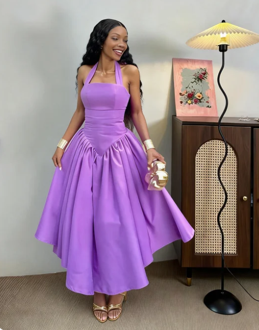 Elegant Purple Halter Neck A-Line Satin Long Prom Dress Evening Dress - VelvetHem