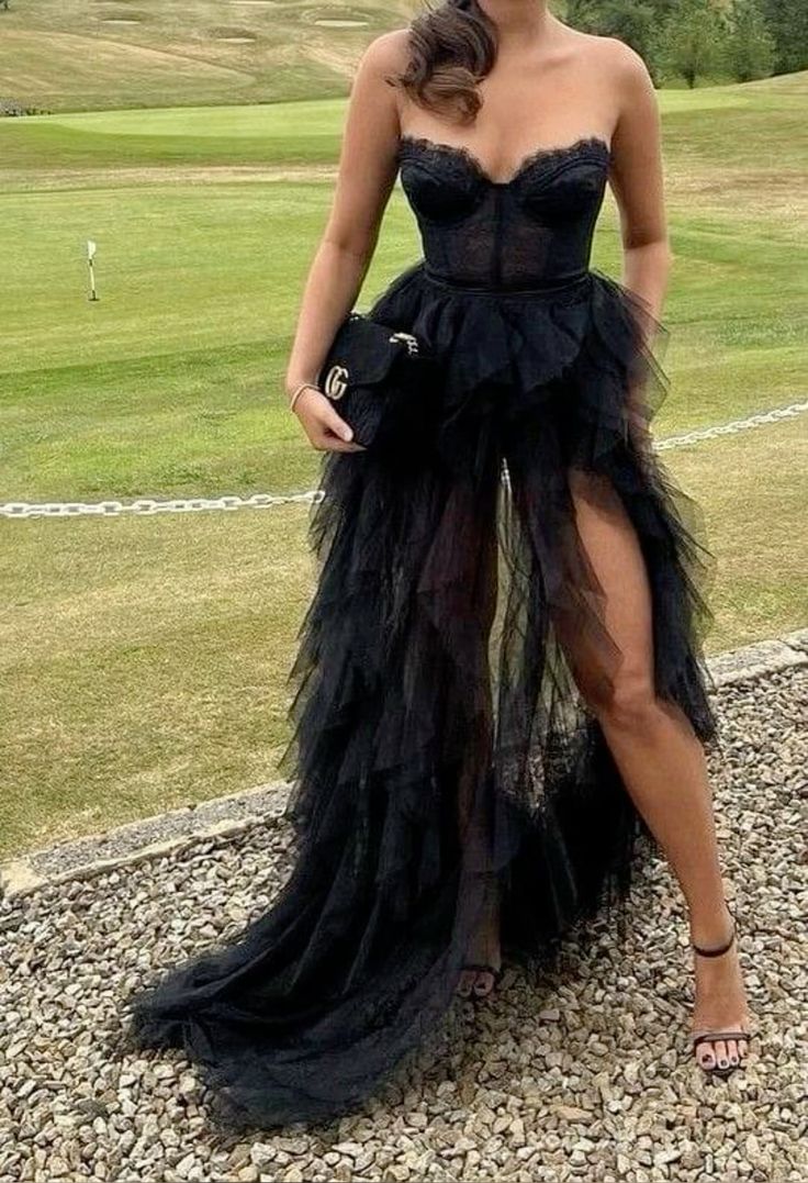 Elegant Black Irregular Strapless Tulle High Slit Long Prom Dress Evening Dress - VelvetHem