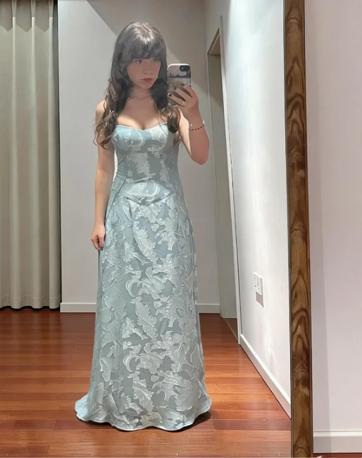 Vintage Light Blue A-Line Jacquard Satin Long Prom Gown Birthday Dress
