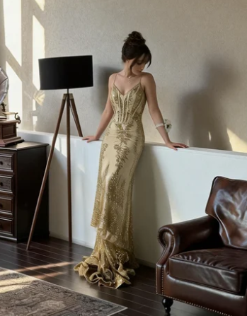 Gorgeous Champagne Gold Spaghetti Strap Mermaid Sequin Embroidered Tulle Train Prom Dress Evening Dress - VelvetHem