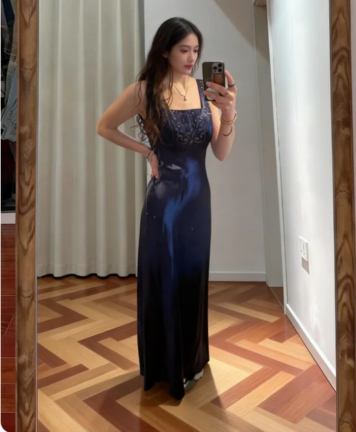 Vintage Navy Blue Square Neck Embroidered Satin Long Prom Dress Evening Dress - VelvetHem