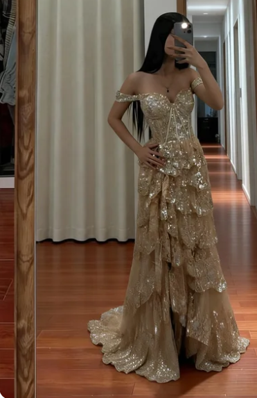Gorgeous Champagne Gold Off-the-Shoulder A-Line Sequin Layered Tulle Train Prom Dress Evening Dress