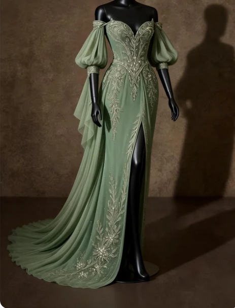 Vintage Green Off-the-Shoulder Beaded Embroidered High Slit Chiffon Train Prom Dress Evening Dress - VelvetHem