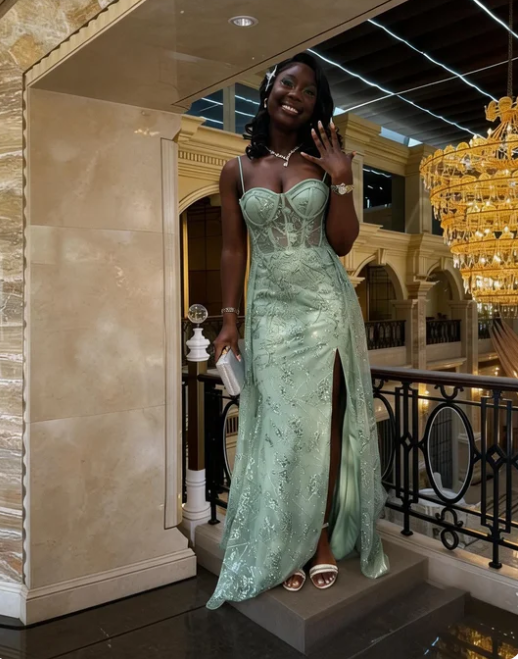 Classic Mint Green Spaghetti Strap Lace Embroidered High Slit Long Prom Dress Evening Dress - VelvetHem