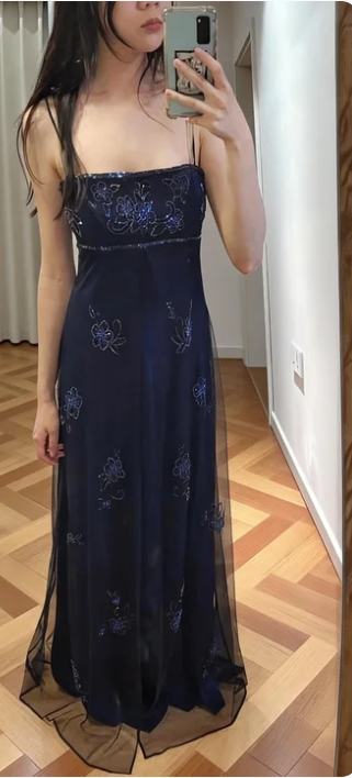 Vintage Navy Blue A-Line Spaghetti Strap Beaded Tulle Long Prom Dress Birthday Dress - VelvetHem