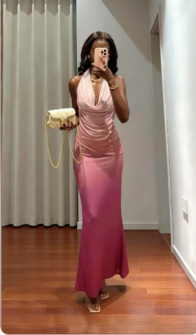 Elegant Pink Gradient Mermaid Halter Neck Satin Long Prom Dress Evening Dress - VelvetHem