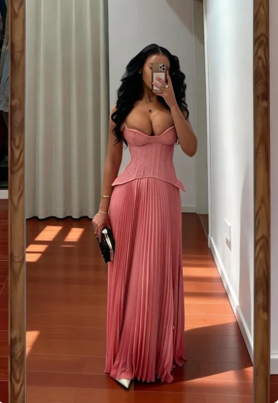 Sexy Pink Strapless A-Line Boned Waist Pleated Satin Long Prom Dress Evening Dress - VelvetHem