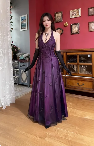 Vintage Dark Purple Halter Neck A-Line Beaded Satin Long Prom Dress Evening Dress - VelvetHem