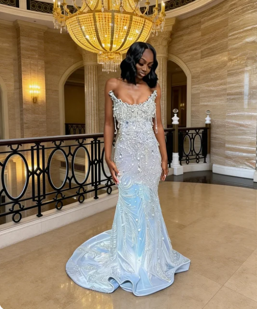 Gorgeous Light Blue Mermaid Beaded Satin Train Prom Dress Evening Dress - VelvetHem