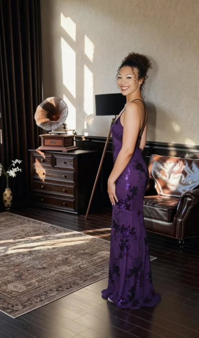 Vintage Dark Purple Deep V Spaghetti Strap Mermaid Sequin Tulle Long Prom Dress Evening Dress - View 2 | VelvetHem