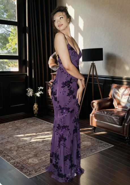 Vintage Dark Purple Deep V Spaghetti Strap Mermaid Sequin Tulle Long Prom Dress Evening Dress - VelvetHem
