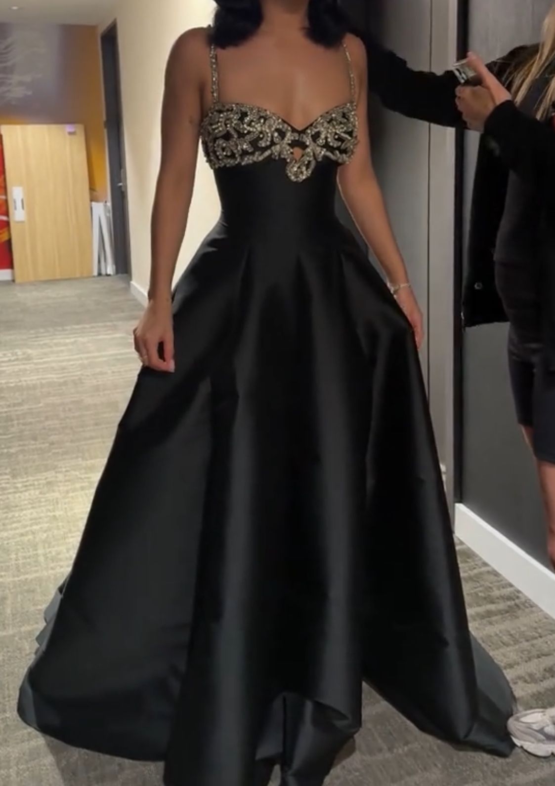 Elegant Black Spaghetti Strap A-Line Rhinestone Satin Train Prom Dress Evening Dress - VelvetHem