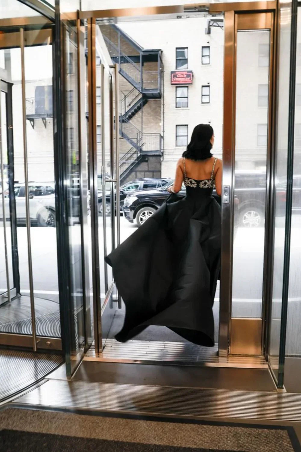 Elegant Black Spaghetti Strap A-Line Rhinestone Satin Train Prom Dress Evening Dress - View 4 | VelvetHem