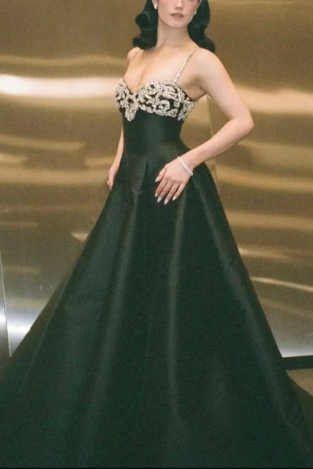 Elegant Black Spaghetti Strap A-Line Rhinestone Satin Train Prom Dress Evening Dress - View 5 | VelvetHem