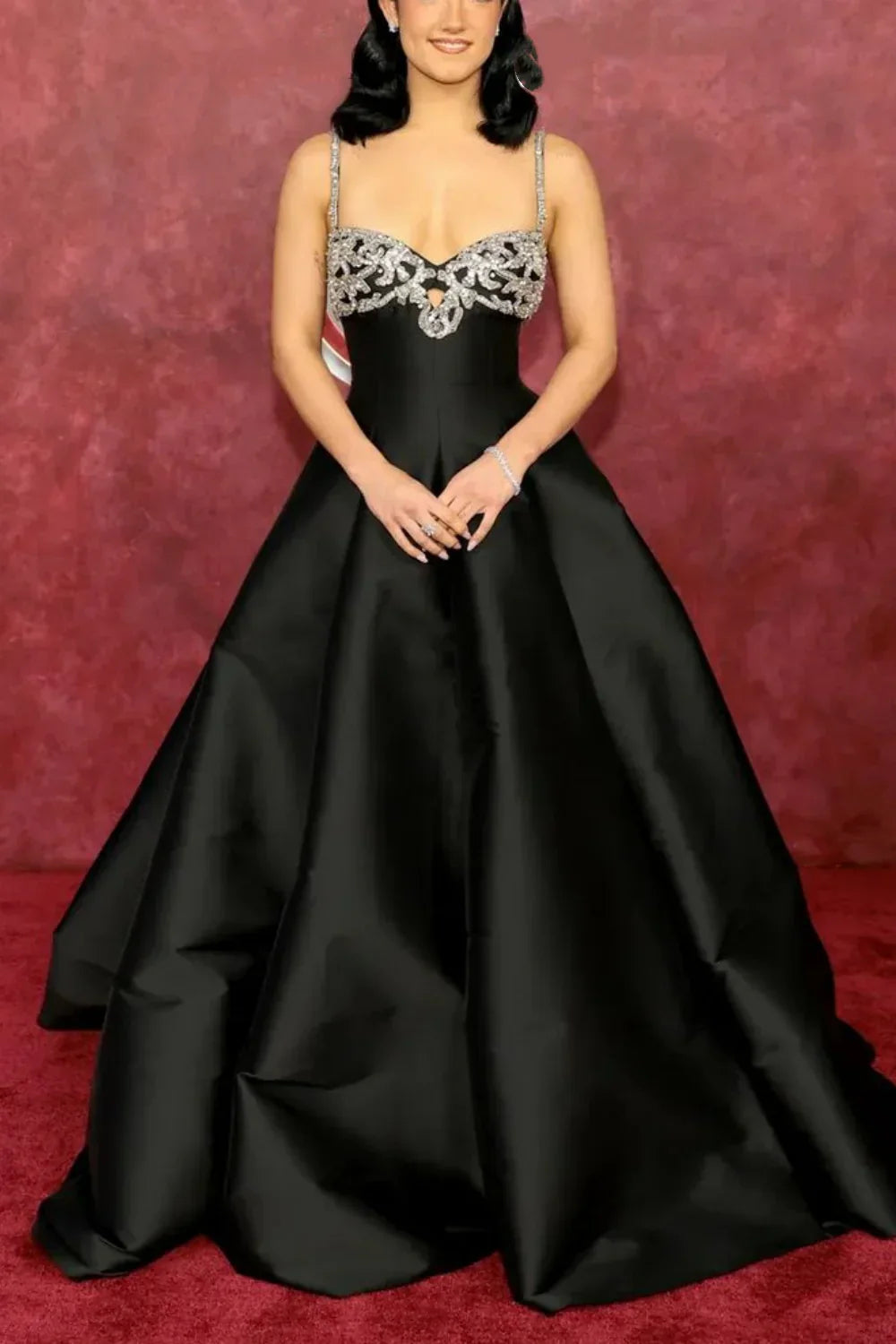 Elegant Black Spaghetti Strap A-Line Rhinestone Satin Train Prom Dress Evening Dress - View 8 | VelvetHem