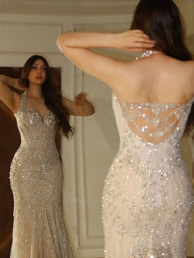 Gorgeous Beige Halter Neck Mermaid Beaded Sequin Tulle Long Prom Dress Evening Dress - VelvetHem