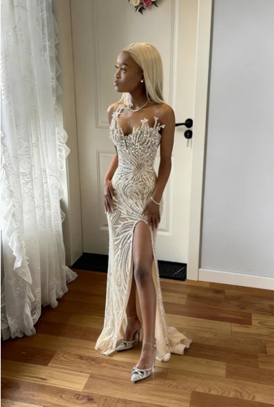 Luxurious Champagne Gold Beaded Sequin Mermaid Slit Tulle Long Prom Dress Evening Dress - VelvetHem