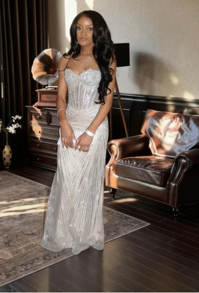 Luxurious Silver White Strapless Boned Corset Beaded Mermaid Tulle Long Prom Dress Evening Dress - VelvetHem