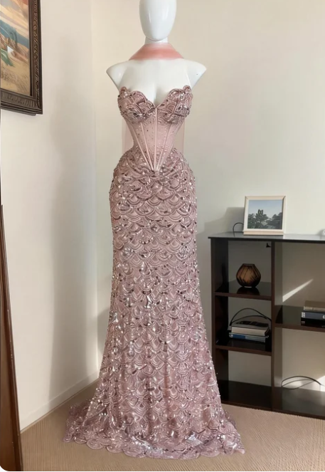 Elegant Pink Mermaid Sweetheart Boned Corset Beaded Tulle Long Prom Dress Evening Dress - VelvetHem