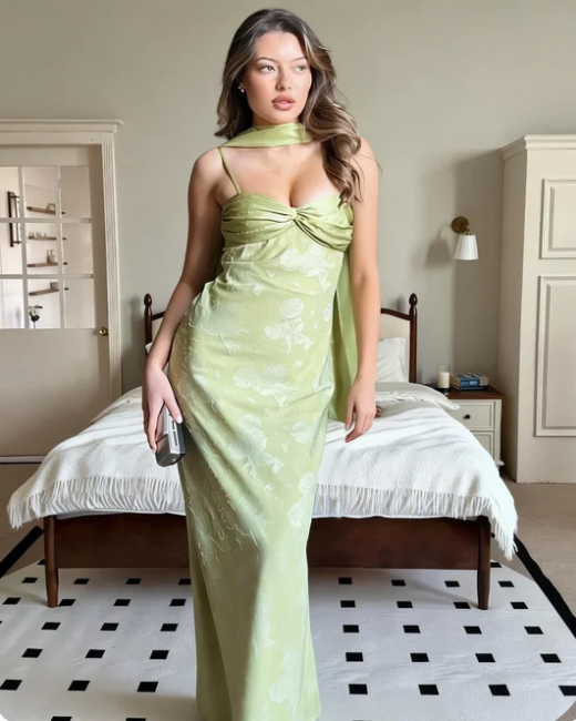Vintage Light Green Spaghetti Strap Jacquard Satin Long Prom Dress Evening Dress - VelvetHem