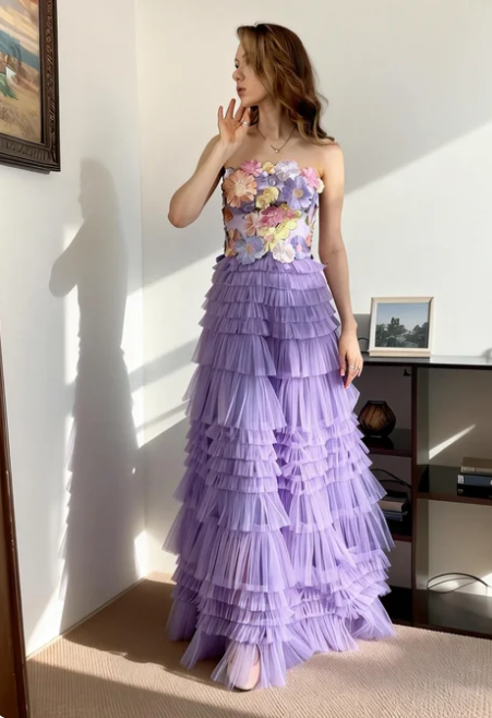 Dreamy Purple Strapless 3D Floral Multi-Layer Tulle Long Prom Dress Evening Dress - VelvetHem