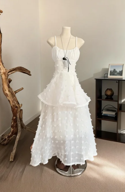 Sweet White A-Line Spaghetti Strap Tulle Long Prom Dress Birthday Dress - VelvetHem