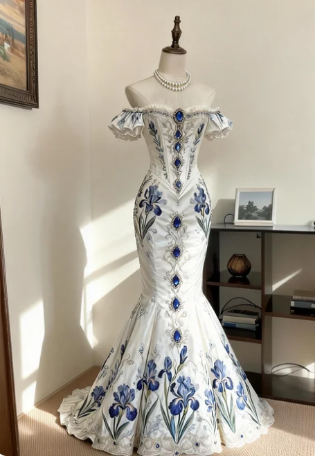 Vintage White Mermaid Print Beaded Satin Train Prom Dress Evening Dress - VelvetHem