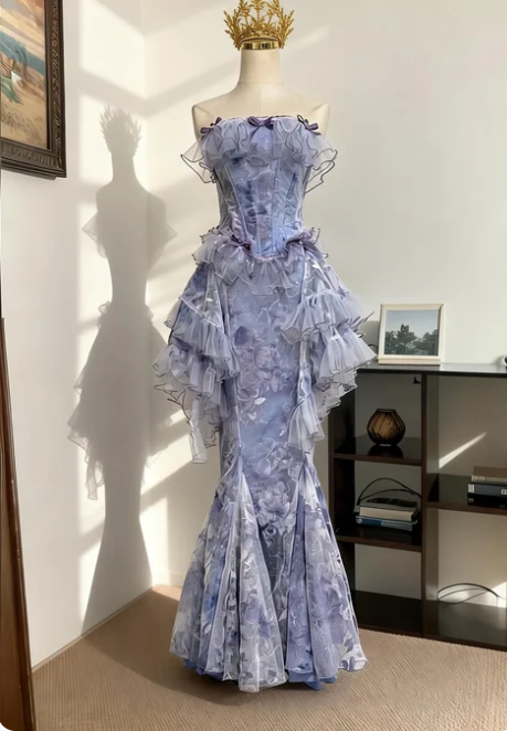 Dreamy Strapless Print Boned Ruffle Mermaid Tulle Long Prom Dress Birthday Dress - VelvetHem