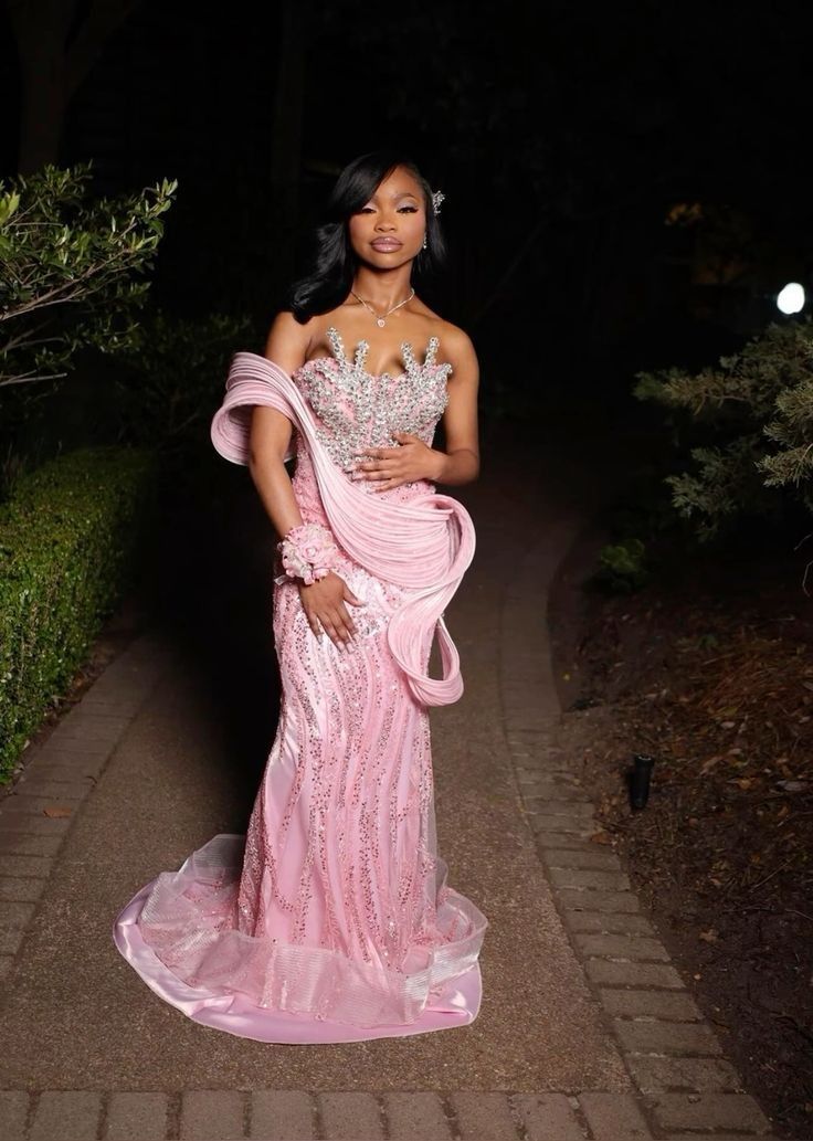 Luxurious Pink Mermaid Beaded Satin Train Prom Dress Evening Dress - VelvetHem