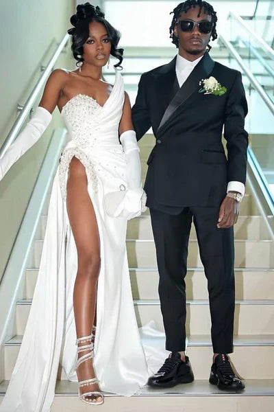Simple White Pearl Beaded High Slit Satin Train Prom Dress Evening Dress - VelvetHem
